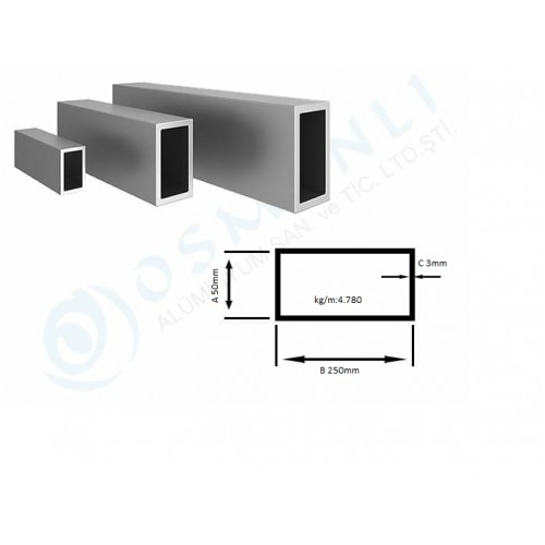 Alüminyum Kutu Profil 50mm X 250mm Et Kalınlık 3mm Alüminyum Kutu Profil 50mm X 250mm Et Kalınlık 3mm